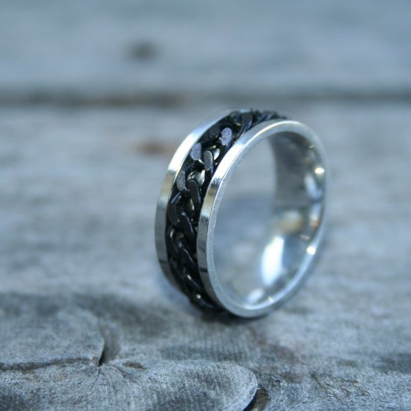 MENS SPINNER RING ★ BLACK CHAIN STAINLESS STEEL BIKER ROCKER MOTORCYCLE - Picture 7 of 11